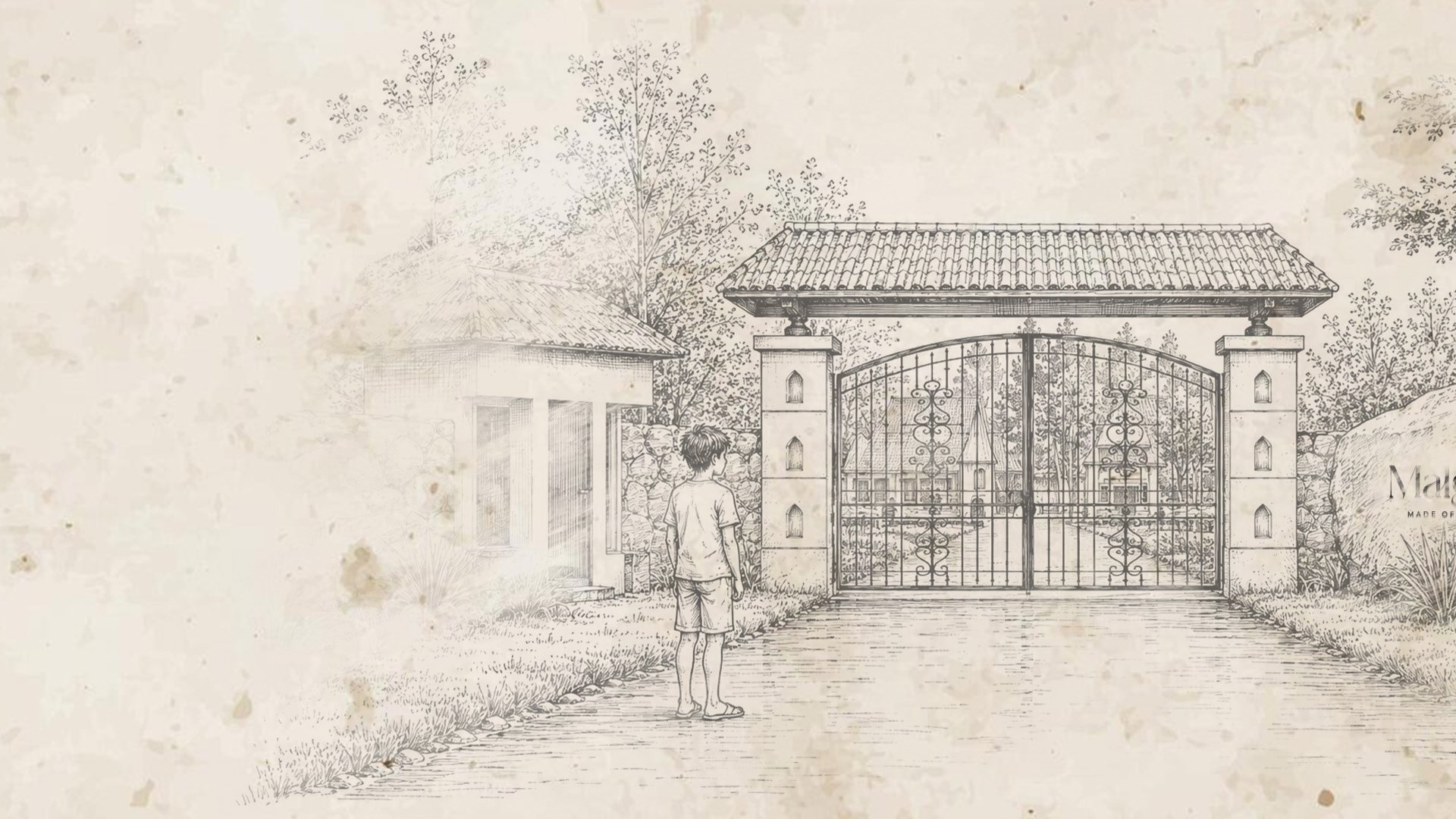 A boy standing before the ornate entrance gate to Malgoodi, drawn in heritage line-art