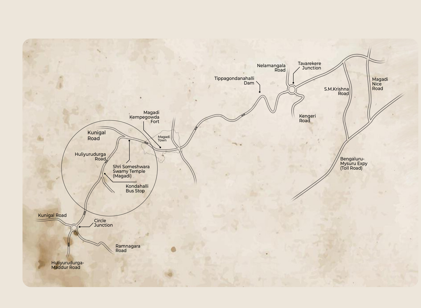 Illustrated route map showing Malgoodi near Kondahalli and Magadi, with connections to Bengaluru and Mysore Road
